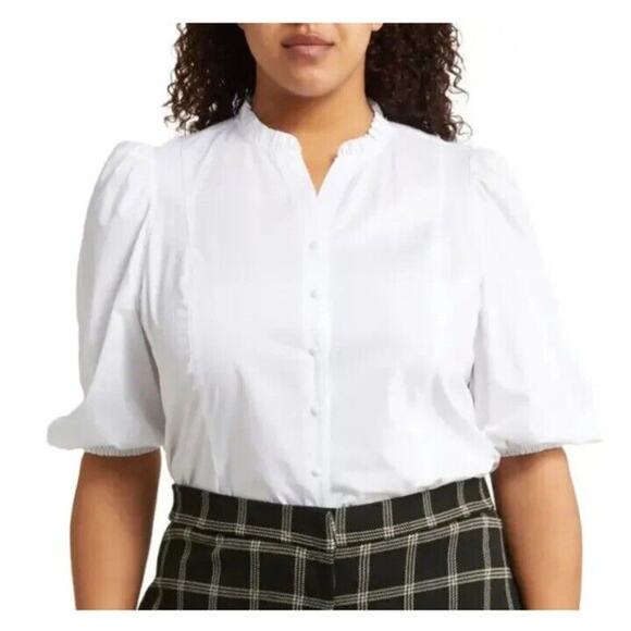 NANETTE LEPORE SIZE XXL BRILLIANT WHITE 3/4 PUFF SLEEVE BUTTON FRONT BLOUSE - Picture 2 of 7